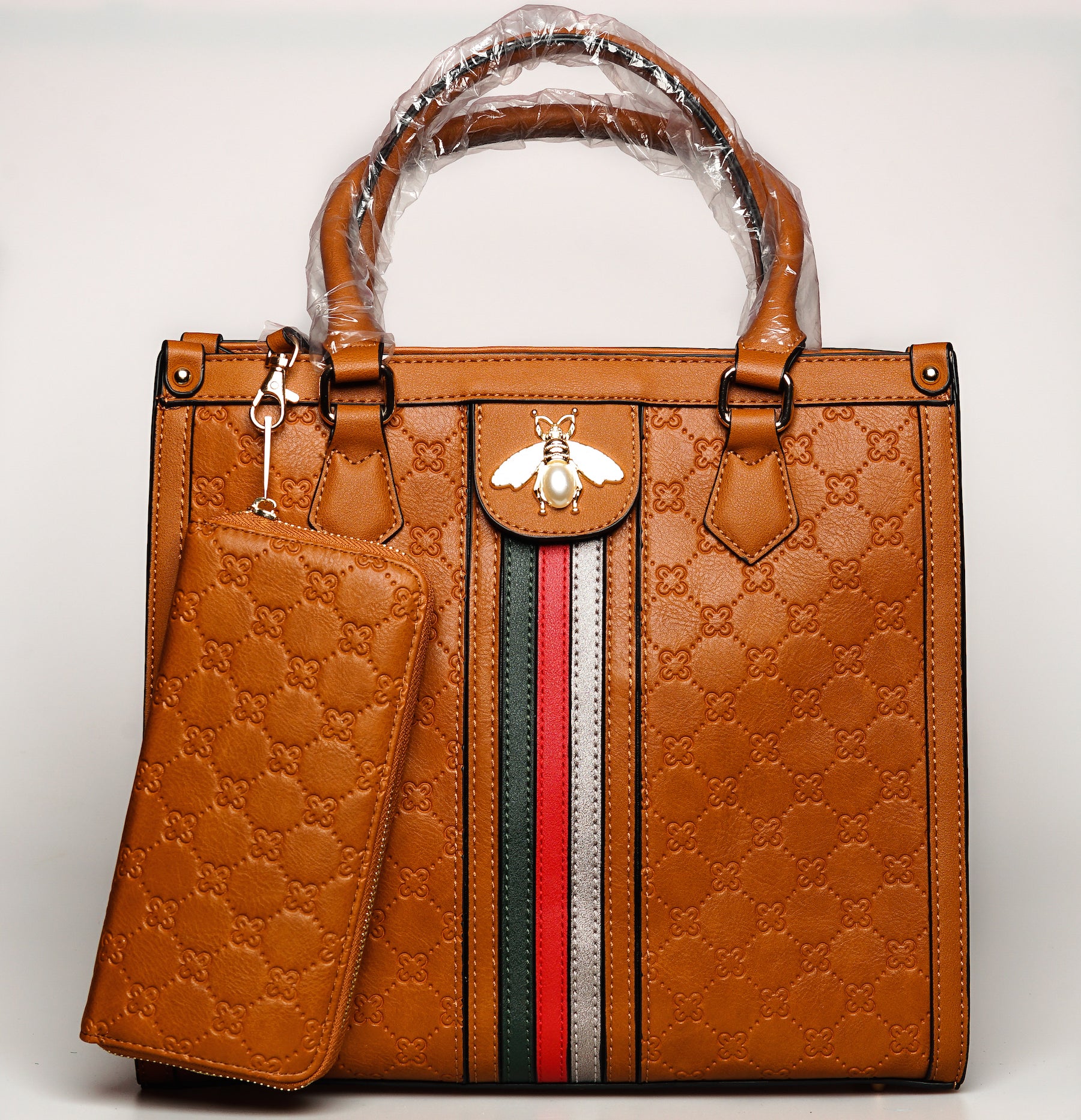 Petite Queen Bee Handbag With Wallet (Colors: Caramel Brown, Black, Gold,  Red)